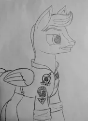 Size: 2182x2991 | Tagged: safe, artist:whiskey, derpibooru import, oc, oc:valiant kilfeather, unofficial characters only, pegasus, pony, clothes, everyday life with guardsmares, male, royal guard, solo, stallion, top gun, traditional art