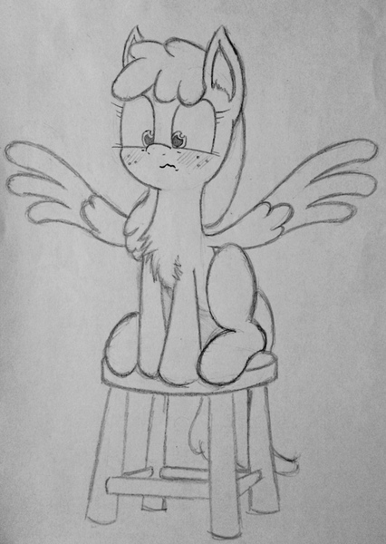 Size: 2215x3117 | Tagged: safe, artist:whiskey, derpibooru import, oc, oc:artemis sparkshower, unofficial characters only, pegasus, pony, chest fluff, everyday life with guardsmares, female, guardsmare, mare, royal guard, simple background, solo, stool, traditional art