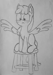 Size: 2215x3117 | Tagged: safe, artist:whiskey, derpibooru import, oc, oc:artemis sparkshower, unofficial characters only, pegasus, pony, chest fluff, everyday life with guardsmares, female, guardsmare, mare, royal guard, simple background, solo, stool, traditional art