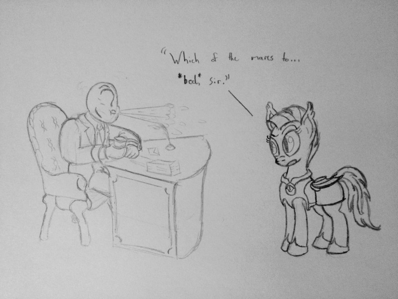 Size: 3264x2448 | Tagged: safe, artist:whiskey, derpibooru import, oc, oc:anon, oc:purity ebonshield, unofficial characters only, bat pony, human, pony, clothes, everyday life with guardsmares, female, male, mare, night guard, simple background, spit take, traditional art