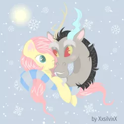 Size: 2479x2479 | Tagged: safe, artist:xxsilvixx, derpibooru import, discord, fluttershy, draconequus, pegasus, pony, blushing, bust, clothes, cute, discoshy, discute, ear fluff, female, heart eyes, looking at each other, male, one eye closed, portrait, scarf, shared clothing, shared scarf, shipping, shyabetes, signature, snow, snowflake, straight, wingding eyes, winter