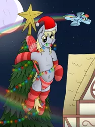 Size: 3024x4032 | Tagged: suggestive, artist:tacomytaco, derpibooru import, derpy hooves, rainbow dash, pegasus, pony, armpits, belly button, chest fluff, christmas, christmas lights, christmas tree, clothes, female, flying, hanging, hanging wedgie, holiday, panties, santa claus, socks, striped socks, striped underwear, tree, underwear, wedgie