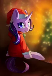 Size: 970x1400 | Tagged: safe, artist:skyeypony, derpibooru import, starlight glimmer, pony, unicorn, christmas, christmas tree, clothes, costume, cute, female, glimmerbetes, hat, holiday, looking back, mare, santa costume, santa hat, sitting, smiling, solo, tree