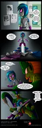 Size: 600x1800 | Tagged: grimdark, artist:niban-destikim, derpibooru import, vinyl scratch, comic:cell hunt - vinyl, equestria girls, alley, alleyway, cell (dbz), clothes, comic, commission, crossover, death, dialogue, dragon ball z, imperfect cell, laughing, now cell is messing with vinyl, patreon, patreon logo