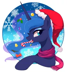 Size: 4100x4429 | Tagged: safe, artist:maren, derpibooru import, princess luna, alicorn, pony, absurd resolution, bell, bow, candy, candy cane, christmas, clothes, cute, female, food, hair bow, hat, holiday, holly, looking at you, mare, mouth hold, pretty, santa hat, scarf, simple background, snow, snowflake, solo, transparent background
