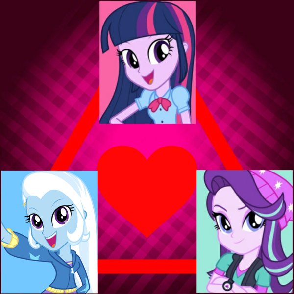 Size: 1500x1500 | Tagged: safe, derpibooru import, starlight glimmer, trixie, twilight sparkle, equestria girls, female, lesbian, love triangle, polyamory, shipping, startrix, twixie, twixstar