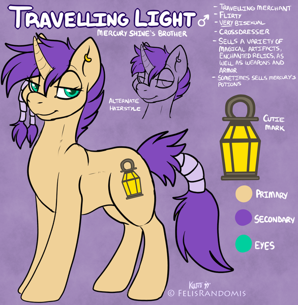 Size: 1161x1189 | Tagged: safe, artist:felisrandomis, derpibooru import, oc, oc:travelling light, unofficial characters only, pony, unicorn, bedroom eyes, ear piercing, eyelashes, femboy, looking at you, male, piercing, purple background, reference sheet, simple background, tail wrap, trap