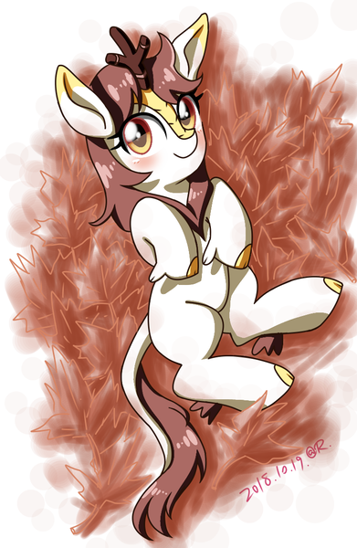 Size: 750x1150 | Tagged: artist:tastyrainbow, cute, derpibooru import, happy, kirin, lying, lying on leaves, oc, safe, unofficial characters only, yellow eyes