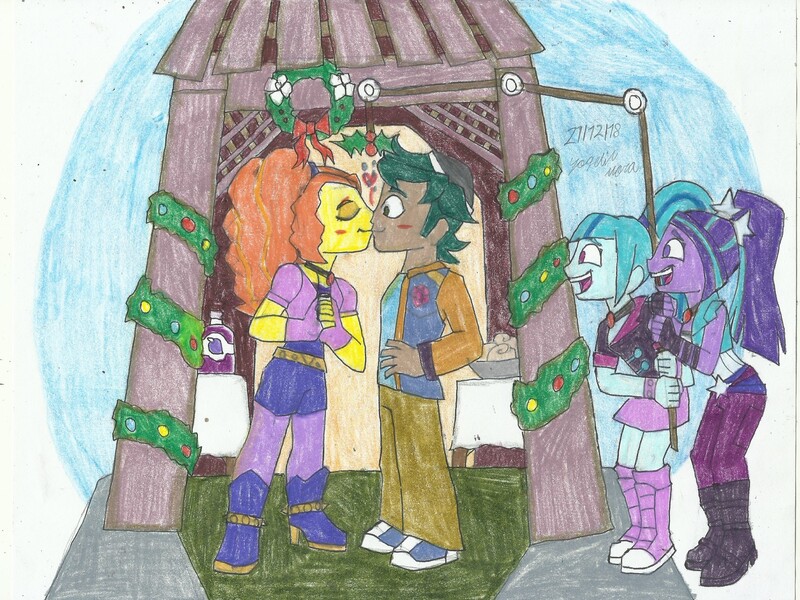 Size: 2242x1682 | Tagged: safe, artist:yogelis, derpibooru import, adagio dazzle, aria blaze, sonata dusk, timber spruce, equestria girls, christmas, female, holiday, kissing, male, shipping, straight, the dazzlings, timberdazzle