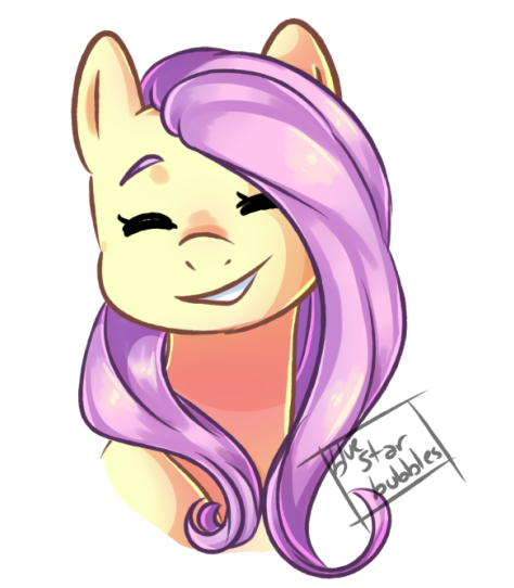 Size: 474x542 | Tagged: safe, artist:bluestarbubbles, derpibooru import, fluttershy, pony, bust, cute, doodle, eyes closed, female, mare, portrait, shyabetes, simple background, smiling, solo, watermark, white background