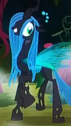 Size: 1440x2560 | Tagged: safe, derpibooru import, screencap, queen chrysalis, changeling, changeling queen, the mean 6, female, photo, picture of a screen, smiling, solo