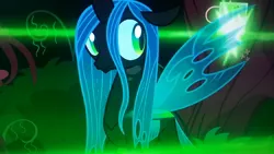 Size: 2560x1440 | Tagged: safe, derpibooru import, screencap, queen chrysalis, changeling, changeling queen, the mean 6, female, photo, picture of a screen, sideways glance, solo