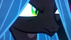 Size: 2560x1440 | Tagged: changeling, changeling queen, close-up, derpibooru import, female, photo, picture of a screen, queen chrysalis, safe, screencap, side glance, solo, the mean 6