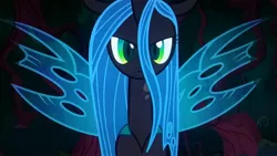 Size: 2560x1440 | Tagged: changeling, changeling queen, derpibooru import, female, fourth wall, looking at you, photo, picture of a screen, queen chrysalis, safe, screencap, solo, the mean 6, wallpaper