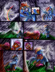 Size: 1693x2194 | Tagged: safe, artist:frostykat13, derpibooru import, rainbow dash, scootaloo, pegasus, pony, comic:some dreams, comfort, comforting, comic, crying, feels, female, filly, goggles, hug, lightning, rain, scootalove, tree