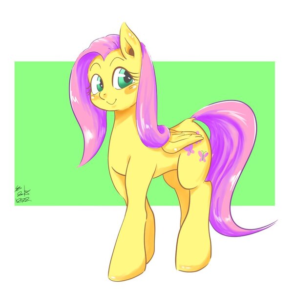 Size: 1000x1000 | Tagged: safe, artist:sozglitch, derpibooru import, fluttershy, pegasus, pony, blush sticker, blushing, cute, female, folded wings, looking at you, looking sideways, mare, smiling, solo, three quarter view, walking, wings
