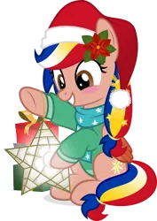 Size: 752x1062 | Tagged: safe, artist:jhayarr23, derpibooru import, oc, oc:pearl shine, pegasus, pony, christmas, clothes, flower, flower in hair, gift wrapped, hat, holiday, jacket, nation ponies, philippines, santa hat, scarf, simple background, solo, star lantern