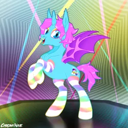 Size: 3000x3000 | Tagged: safe, alternate version, artist:f0rever13, artist:wumbl3, derpibooru import, oc, oc:chroma wave, unofficial characters only, alicorn, bat pony, bat pony alicorn, pony, alicorn oc, bat pony oc, bat wings, blank flank, clothes, collaboration, eyeshadow, fangs, femboy, horn, laser, lipstick, looking at you, makeup, male, open mouth, rainbow socks, rave, rcf community, rearing, socks, solo, spread wings, stallion, striped socks, wings