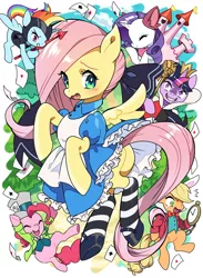 Size: 660x900 | Tagged: safe, artist:kabosu, derpibooru import, applejack, fluttershy, pinkie pie, rainbow dash, rarity, twilight sparkle, alicorn, earth pony, pegasus, pony, unicorn, alice in wonderland, blushing, butt, cheshire cat, clothes, cosplay, costume, crossover, cute, female, mad hatter, mane six, mare, pixiv, plot, queen of hearts, scepter, shyabetes, socks, striped socks, twilight scepter