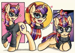 Size: 2048x1446 | Tagged: safe, artist:canvymamamoo, derpibooru import, moondancer, pony, unicorn, :p, clothes, cute, dancerbetes, female, glasses, heart eyes, mare, silly, solo, sweater, tongue out, wingding eyes