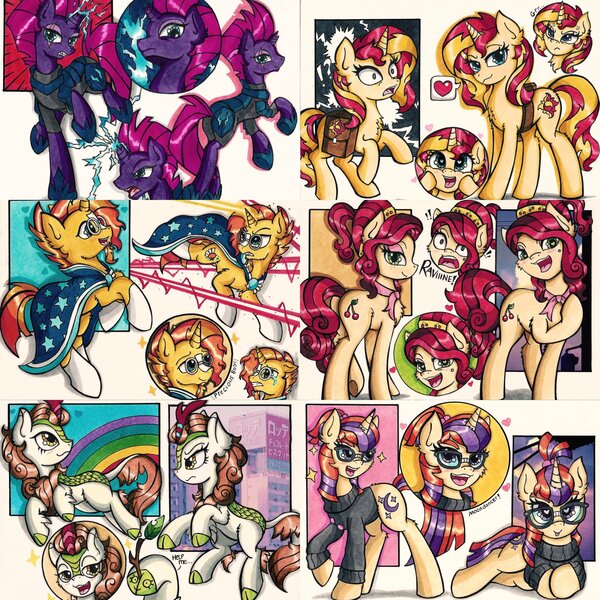 Size: 2048x2048 | Tagged: safe, artist:canvymamamoo, derpibooru import, autumn blaze, cherry jubilee, moondancer, sunburst, sunset shimmer, tempest shadow, earth pony, kirin, pony, unicorn, sounds of silence, autumn blaze's puppet, bag, broken horn, clothes, eye scar, female, glasses, heart eyes, horn, male, mare, moondancer's sweater, robe, saddle bag, scar, stallion, sunburst's robe, traditional art, wingding eyes