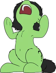 Size: 1501x1947 | Tagged: safe, artist:smoldix, derpibooru import, oc, oc:anonfilly, unofficial characters only, earth pony, pony, armpits, belly button, chest fluff, female, filly, open mouth, screaming, simple background, solo, transparent background, underhoof