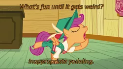 Size: 640x360 | Tagged: caption, cards against humanity, clothes, clubhouse, crusaders clubhouse, derpibooru import, edit, edited screencap, image macro, lederhosen, on your marks, safe, scootaloo, screencap, solo, text, yodeling, yodeloo