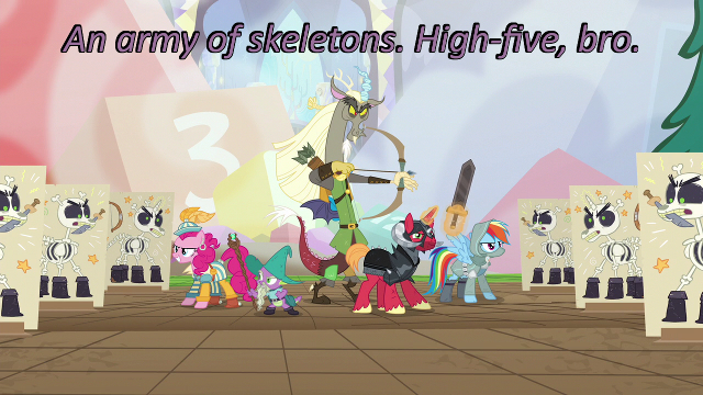 Size: 640x360 | Tagged: safe, derpibooru import, edit, edited screencap, screencap, big macintosh, discord, pinkie pie, rainbow dash, spike, pony, skeleton pony, unicorn, dungeons and discords, bard pie, bone, captain wuzz, caption, cards against humanity, dungeons and dragons, fantasy class, garbuncle, image macro, ogres and oubliettes, pen and paper rpg, race swap, rainbow rogue, rpg, sir mcbiggen, skeleton, text, unicorn big mac