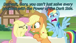 Size: 640x360 | Tagged: angry, applejack, caption, cards against humanity, derpibooru import, edit, edited screencap, every little thing she does, fluttershy, image macro, rainbow dash, safe, screencap, swearing, text, trio, vulgar, yelling