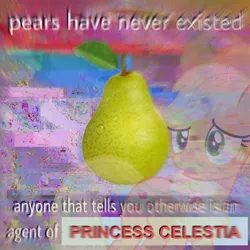 Size: 592x592 | Tagged: applejack, bill wurtz, blurry, deep fried meme, derpibooru import, editor:pony-berserker, food, implied princess celestia, meme, pear, safe, surreal meme, that pony sure does hate pears