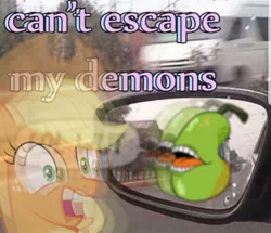 Size: 680x586 | Tagged: safe, artist:ursulav, derpibooru import, edit, editor:pony-berserker, applejack, earth pony, pony, biting pear of salamanca, blurry, food, meme, mirror, pear, surreal meme