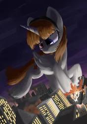 Size: 1200x1700 | Tagged: semi-grimdark, artist:ravistdash, derpibooru import, oc, oc:jiu jiu, alicorn, pony, alicorn oc, building, city, crush fetish, destruction, female, fetish, giant pony, heterochromia, horn, macro, macro/micro, rampage, smiling, smirk, solo, stomping, wings