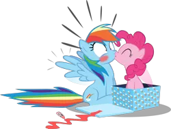 Size: 9000x6820 | Tagged: safe, artist:mrkat7214, derpibooru import, pinkie pie, rainbow dash, earth pony, pegasus, pony, absurd resolution, blushing, box, female, kissing, lesbian, mare, pinkiedash, pony in a box, present, shipping, simple background, spread wings, surprise kiss, surprised, transparent background, vector, wingboner, wings