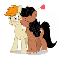 Size: 2500x2500 | Tagged: safe, artist:pizzamovies, derpibooru import, oc, oc:huniebuns, oc:pizzamovies, unofficial characters only, earth pony, pony, blushing, cinnamon bun, cutie mark, eyes closed, female, food, heart, kiss on the cheek, kissing, male, mare, pizza, simple background, stallion, surprised