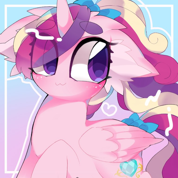 Size: 768x768 | Tagged: safe, artist:lavender_1227, derpibooru import, princess cadance, alicorn, pony, :3, blushing, bow, cute, cutedance, female, hair bow, mare, ponytail, solo, tail bow