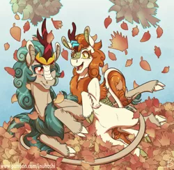 Size: 1843x1800 | Tagged: safe, artist:inuhoshi-to-darkpen, derpibooru import, autumn blaze, rain shine, kirin, sounds of silence, autumn, autumn leaves, awwtumn blaze, blushing, cloven hooves, colored sclera, cute, duo, duo female, female, glow, glowing horn, having fun, horn, image, leaf, leaves, looking at you, male, one eye closed, open mouth, png, queen, wink