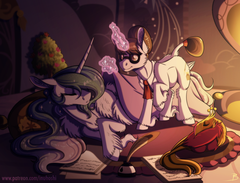 Size: 1800x1374 | Tagged: safe, artist:inuhoshi-to-darkpen, derpibooru import, philomena, princess celestia, raven, alicorn, classical unicorn, phoenix, pony, unicorn, blanket, cloven hooves, feathered fetlocks, female, glowing horn, horn, leonine tail, levitation, magic, mare, patreon, sleeping, telekinesis, unshorn fetlocks