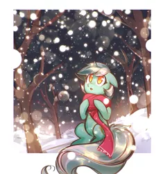 Size: 1322x1404 | Tagged: safe, artist:mirroredsea, derpibooru import, lyra heartstrings, pony, unicorn, :o, big tail, clothes, colored pupils, cute, desktop background, female, floppy ears, forest, fourth wall, lyrabetes, mare, night, open mouth, scarf, scenery, sitting, snow, snowfall, solo, tree, wallpaper, winter