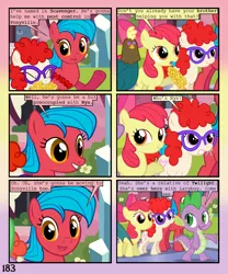 Size: 900x1080 | Tagged: safe, artist:lister-of-smeg, derpibooru import, apple bloom, spike, twist, oc, oc:crosspatch, oc:scavenger, oc:scavenger (lister-of-smeg), cockatrice, earth pony, pony, comic:crystal heart attack, corn, female, food, mare