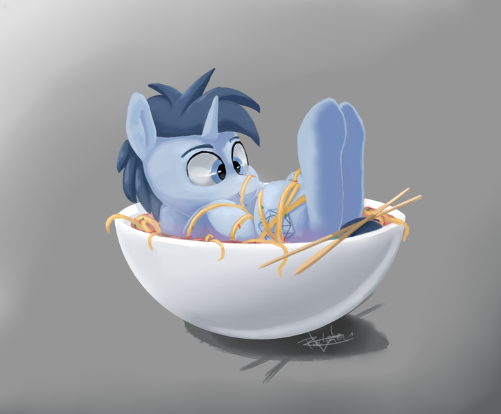 Size: 3000x2475 | Tagged: safe, artist:pucksterv, derpibooru import, oc, oc:tesseract, unofficial characters only, pony, unicorn, commission, cute, food, male, noodles, ponies in food, solo, soup, stallion, ych result