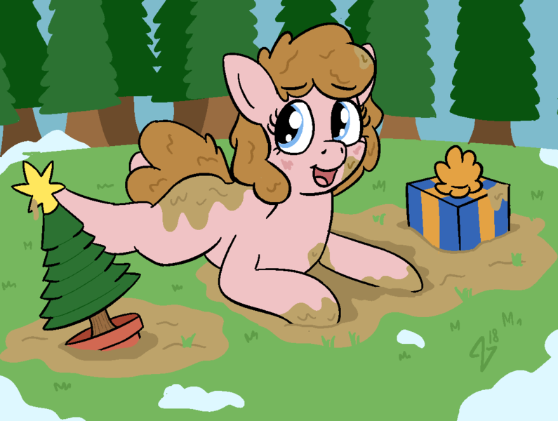 Size: 1164x879 | Tagged: safe, artist:heretichesh, derpibooru import, oc, oc:mud puddle, unofficial characters only, earth pony, pony, bonsai, hearth's warming, hearth's warming tree, mud, muddy, muddy hooves, present, snow, tree