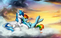 Size: 2661x1657 | Tagged: safe, artist:l1nkoln, derpibooru import, rainbow dash, oc, alicorn, alicorn oc, canon x oc, cloud, commission, eyes closed, female, horn, smiling, wings