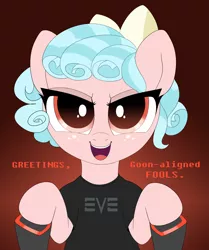 Size: 2000x2387 | Tagged: safe, artist:confetticakez, derpibooru import, cozy glow, adorabolical, bow, clothes, cozybetes, cute, eve online, evil grin, female, filly, foal, freckles, goonswarm, grin, shirt, simple background, smiling, solo, video game