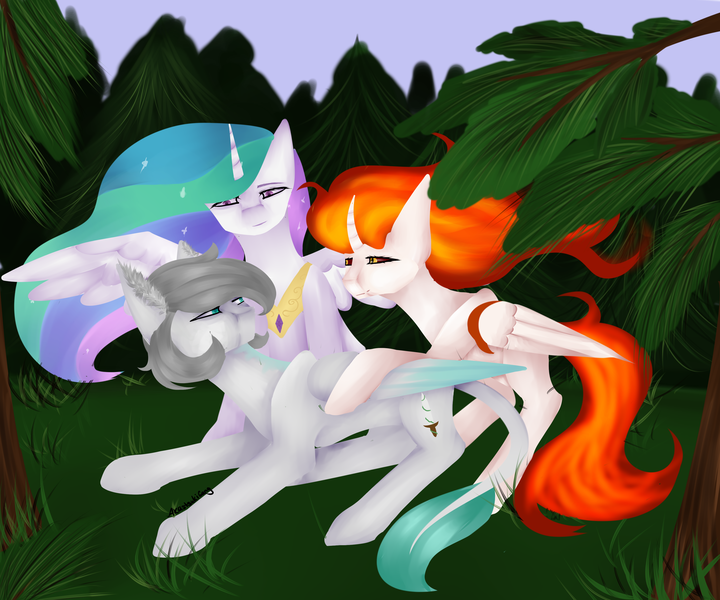 Size: 3600x3000 | Tagged: safe, artist:akastsukigang, derpibooru import, daybreaker, princess celestia, oc, oc:light knight, alicorn, pony, lightestia