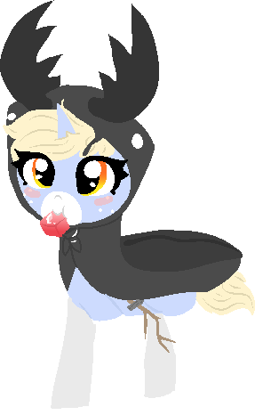 Size: 287x466 | Tagged: safe, artist:nootaz, derpibooru import, oc, oc:nootaz, pony, unicorn, :t, clothes, costume, cute, eating, female, horns, mare, mouth hold, nom, nootabetes, puffy cheeks, simple background, smiling, solo, stag beetle, transparent background