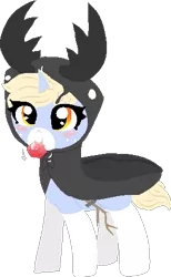 Size: 287x466 | Tagged: safe, artist:nootaz, derpibooru import, oc, oc:nootaz, pony, unicorn, :t, clothes, costume, cute, eating, female, horns, mare, mouth hold, nom, nootabetes, puffy cheeks, simple background, smiling, solo, stag beetle, transparent background