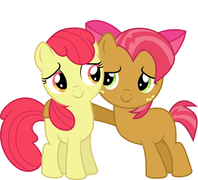 Size: 6514x5933 | Tagged: safe, artist:deadparrot22, derpibooru import, edit, editor:slayerbvc, vector edit, apple bloom, babs seed, earth pony, pony, absurd resolution, accessory swap, accessory-less edit, apple bloom's bow, bow, cousins, female, filly, hair bow, missing accessory, simple background, transparent background, vector
