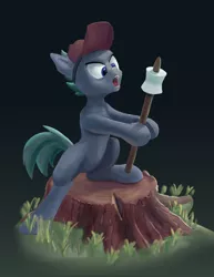 Size: 1058x1368 | Tagged: safe, artist:xbi, derpibooru import, oc, oc:sharpie, unofficial characters only, earth pony, pony, action pose, baseball cap, cap, eyes on the prize, fangs, food, hat, marshmallow, solo, tree stump