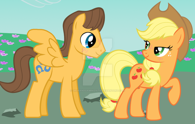 Size: 1024x652 | Tagged: safe, artist:grubandgaming16th, derpibooru import, applejack, caramel, pegasus, pony, carajack, deviantart watermark, female, male, obtrusive watermark, race swap, shipping, straight, watermark