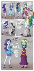Size: 1200x2468 | Tagged: suggestive, artist:vyazinrei, derpibooru import, rainbow dash, rarity, equestria girls, equestria girls series, assisted exposure, bondage, breasts, brush, cleavage, clothes, comb, comic, compression shorts, dress, dressing, dressup, duo, duo female, engrish, female, high heels, lipstick, magic, makeover, makeup, mirror, misspelling, nail polish, rainbow dash always dresses in style, shoes, shorts, sitting, skirt, skirt lift, sneakers, standing, strategically covered, stripped by magic, tied up, tomboy taming, undressing